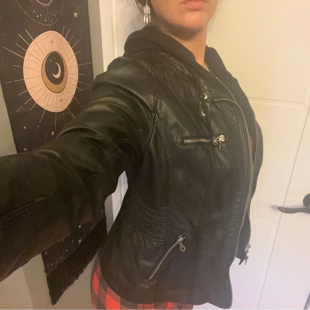 Made By Johnny size M faux leather black biker hooded jacket - Picture 3 of 13